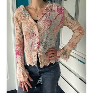 Komarov Blush Pink Crinkle Pleated Blouse Velvet Floral Burnout Plaque Romantic